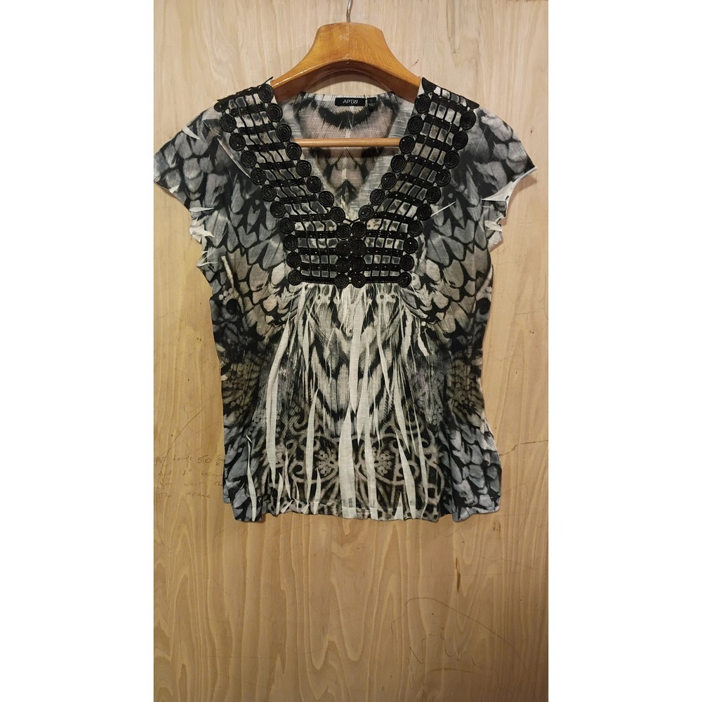 Apt. 9 Womens Feather Print Cap Sleeve Crochet Trim Top Large Y2K, Fairy Grunge.
